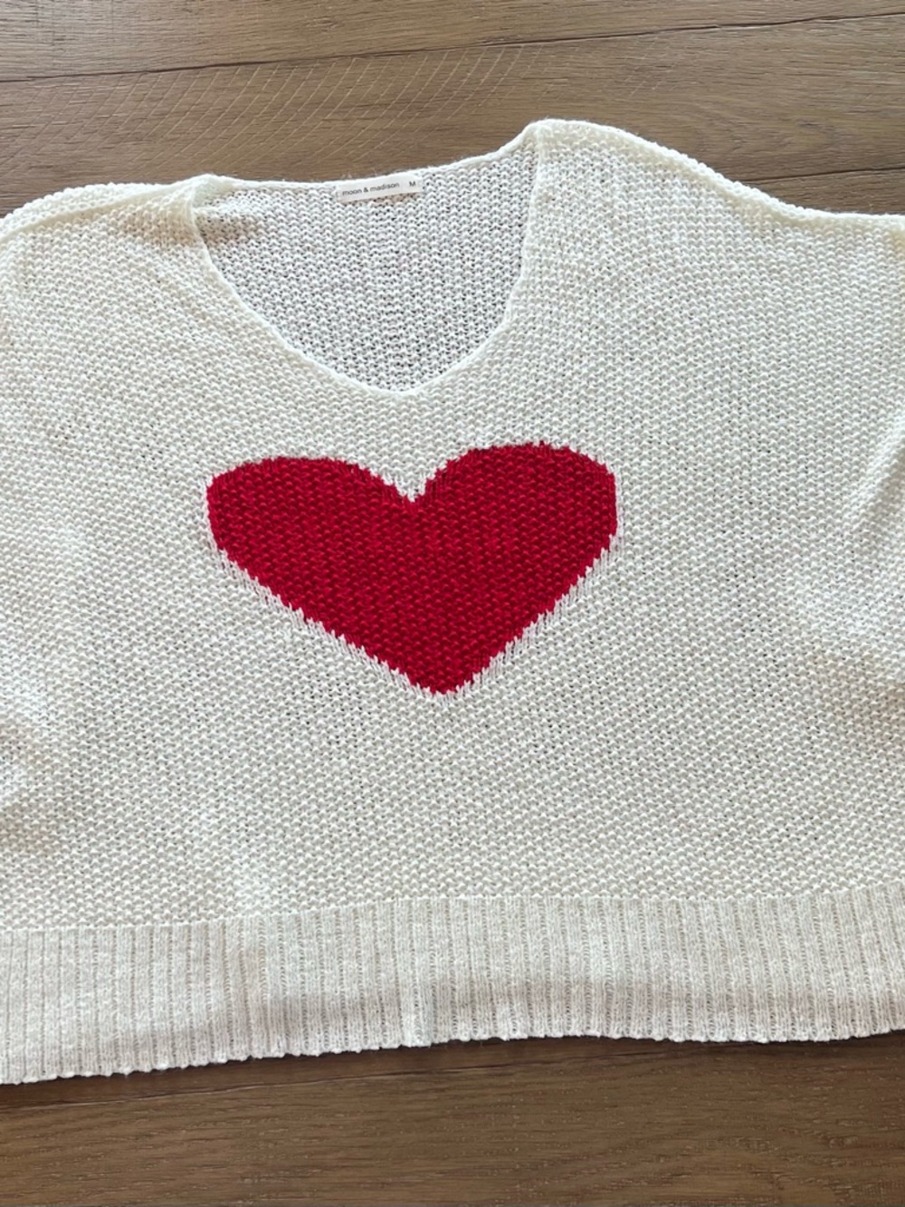 moon & madison Cream V-Neck Sweater with Red Heart Motif